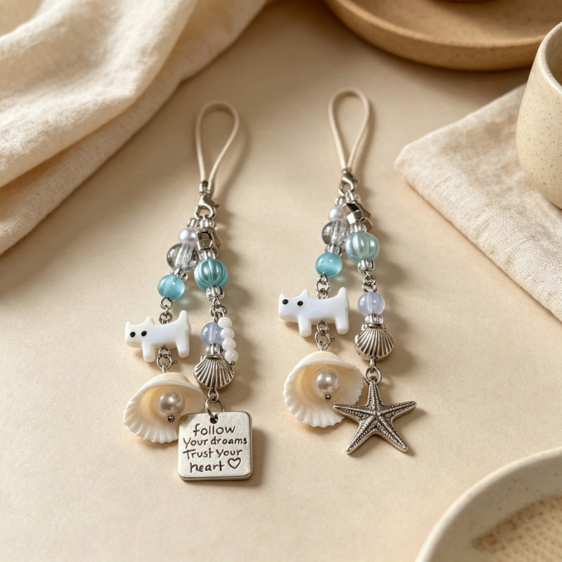 CloudNook Beaded Phone Charm-Cat Shell Inspirational Message Design