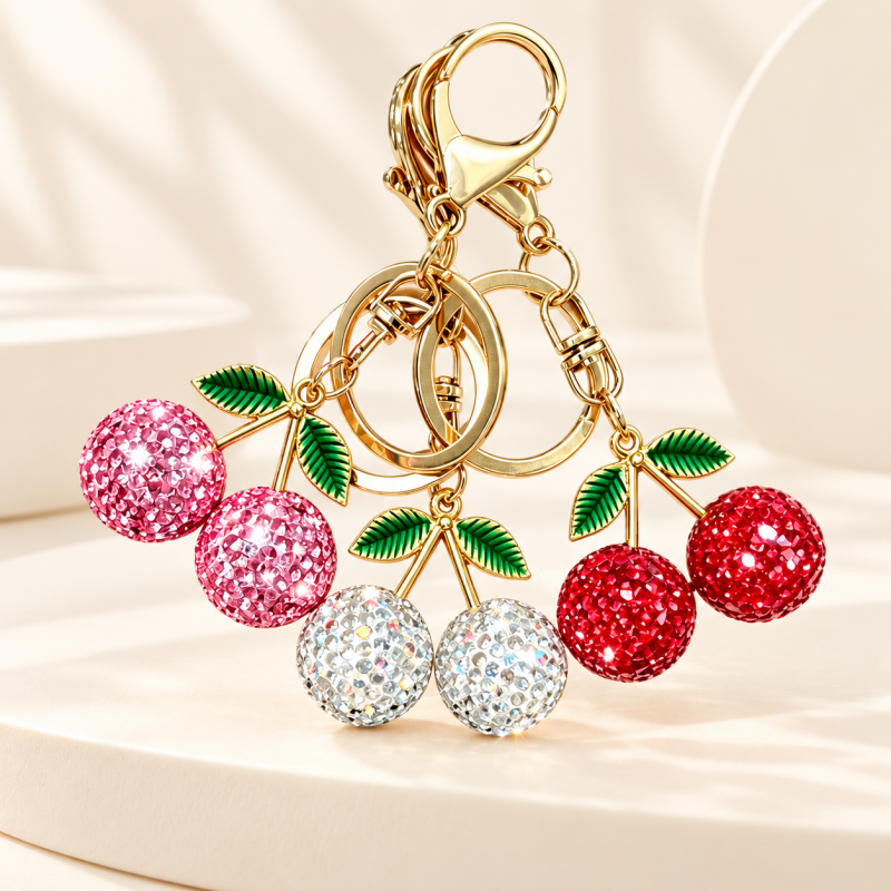 CouldNook Cherry Bag Charm - Sparkling Round Fruits and Ridged Green Leaves