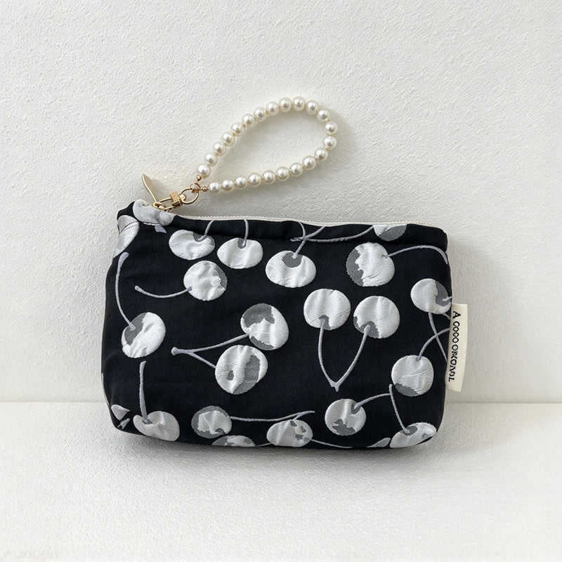 CouldNook Cherry Beaded Handle Pouch - Textured Motifs And Pearl-Look Loop
