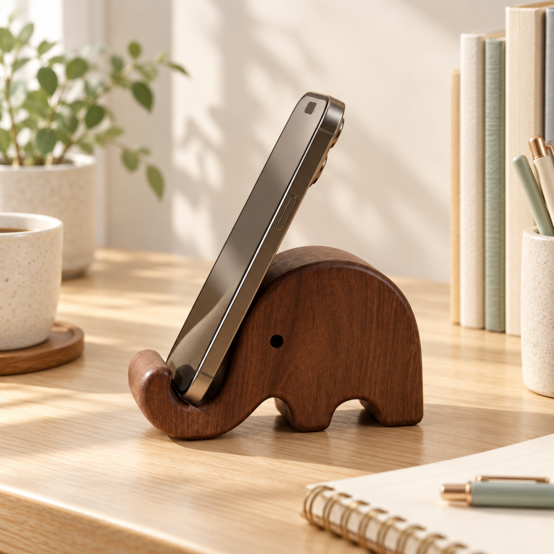 CouldNook Elephant Phone Stand - Dark Brown Wood and Curved Trunk Support