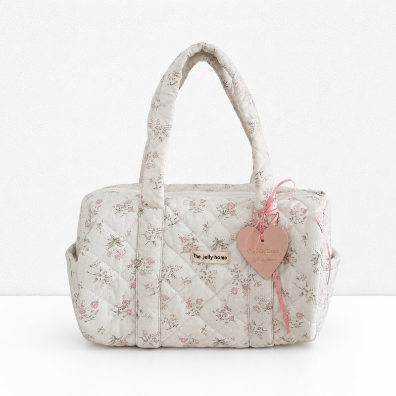 CouldNook Quilted Floral Duffel Bag - Cylindrical Shape and Long Handles