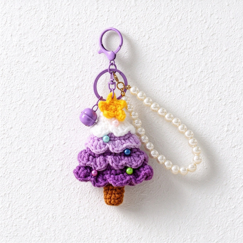 Crochet Christmas Tree Keychain with Pearl-Look Bead Loop