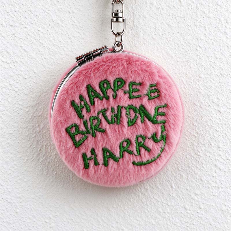 CouldNook Plush Compact Mirror - Pink Cover And Green Birthday Lettering