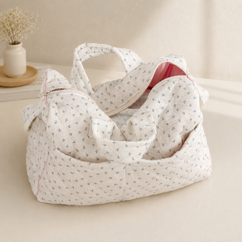 CouldNook Quilted Floral Travel Tote - Top Zipper and Layered Handles