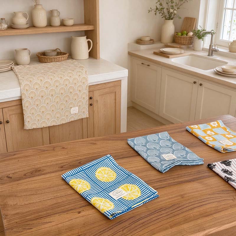 Printed Cotton Table Cloth with Lemon and Shell Designs