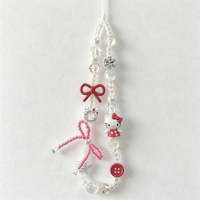 CloudNook Beaded Phone Wrist Strap-Cartoon Cat Bow Design