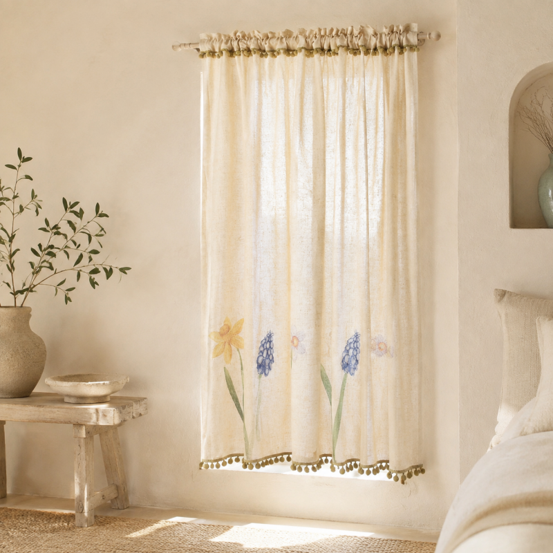 CouldNook Floral Cafe Curtain Panel - Embroidered Bloom Border