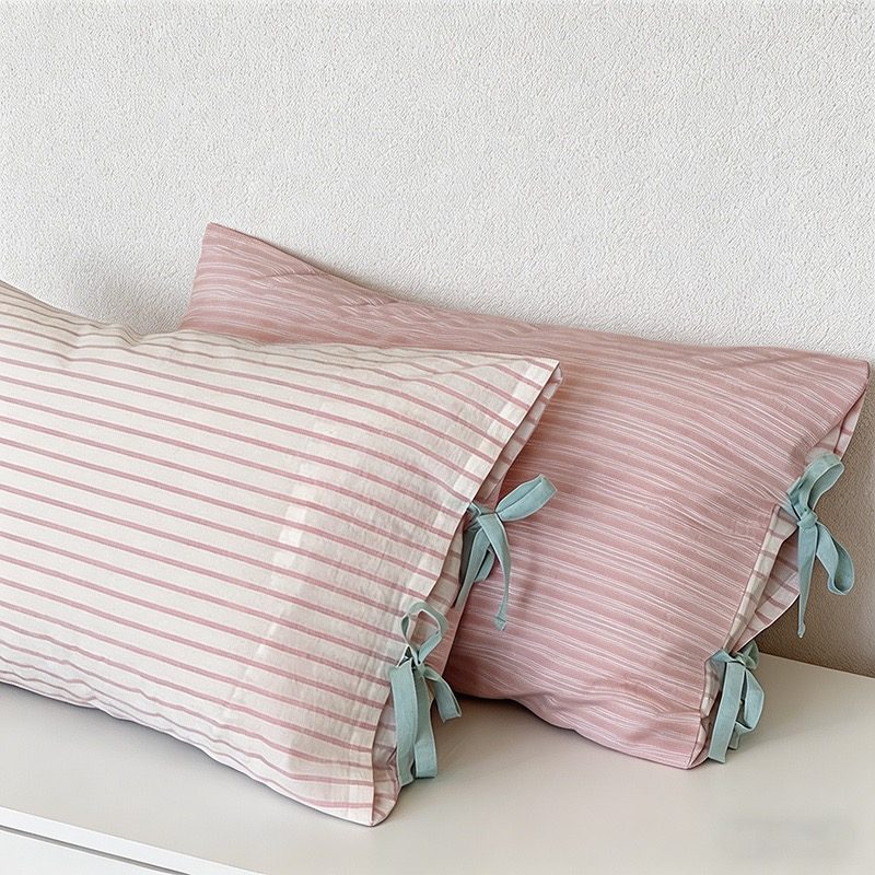 CouldNook Vintage Washed Cotton Striped Pillowcase - Cottagecore Bowknot Tie Pillow Cover