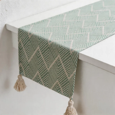CouldNook Geometric Jacquard Table Runner - Minimalist Chevron Tassel Dresser Scarf (Sage Green)