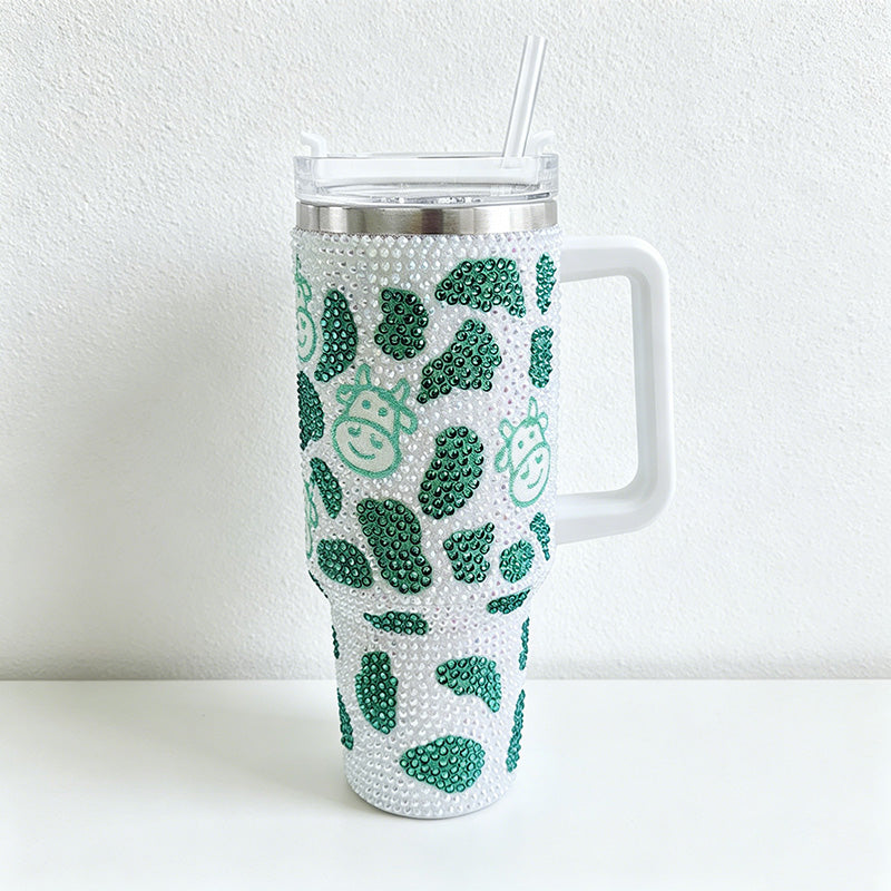 CouldNook 40oz Rhinestone Cow Print Tumbler-Stainless Steel Vacuum Insulated Ice Tumbler with Handle & Straw