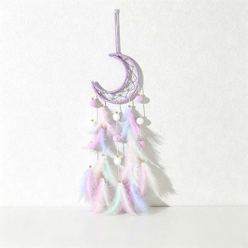 CouldNook Dreamcatcher-Handmade Star Moon Cat Shaped Feather Pom Pom Dream Catcher Wind Chime