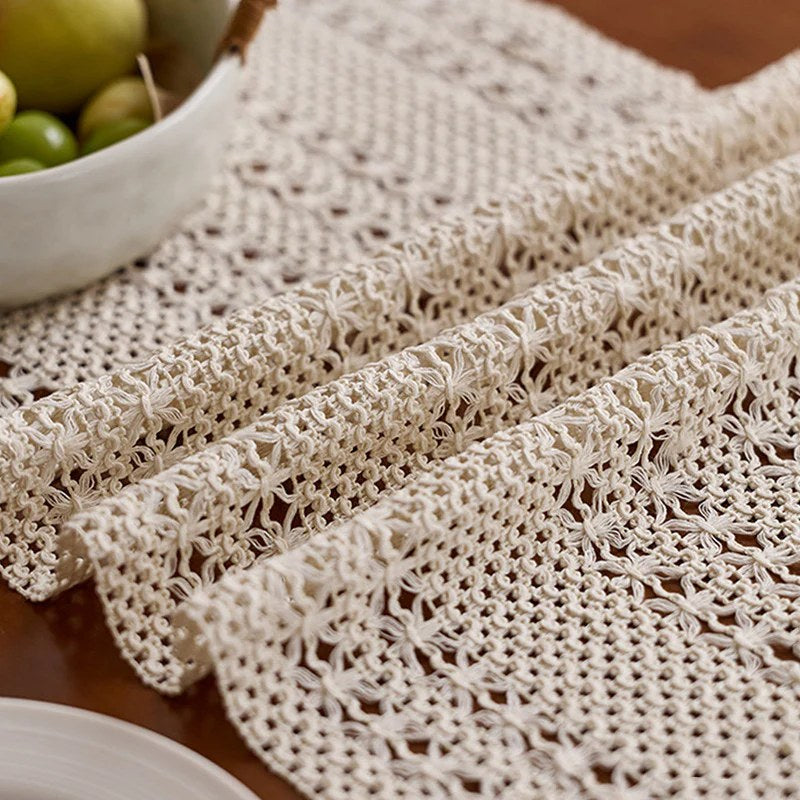 CouldNook Vintage Crochet Floral Table Runner - Rustic Macrame Tassel Mat