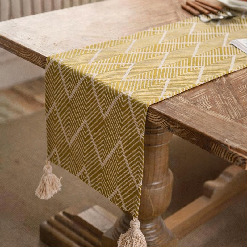CouldNook Geometric Jacquard Table Runner - Minimalist Chevron Tassel Dresser Scarf (Mustard Yellow)