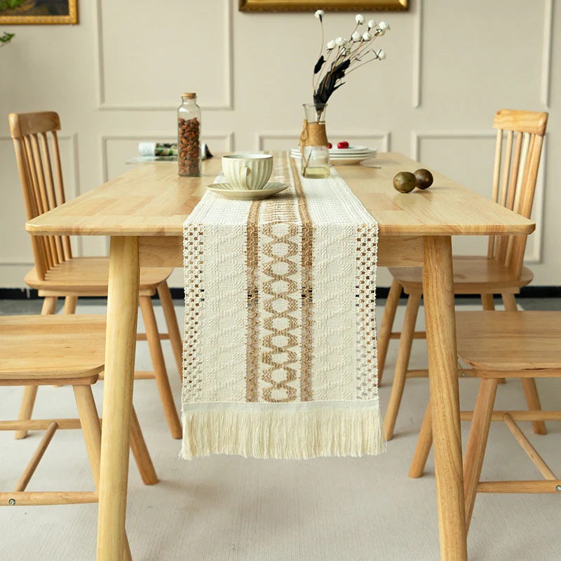 CouldNook Farmhouse Cotton Linen Table Runner - Rustic Boho Woven Macrame Mat