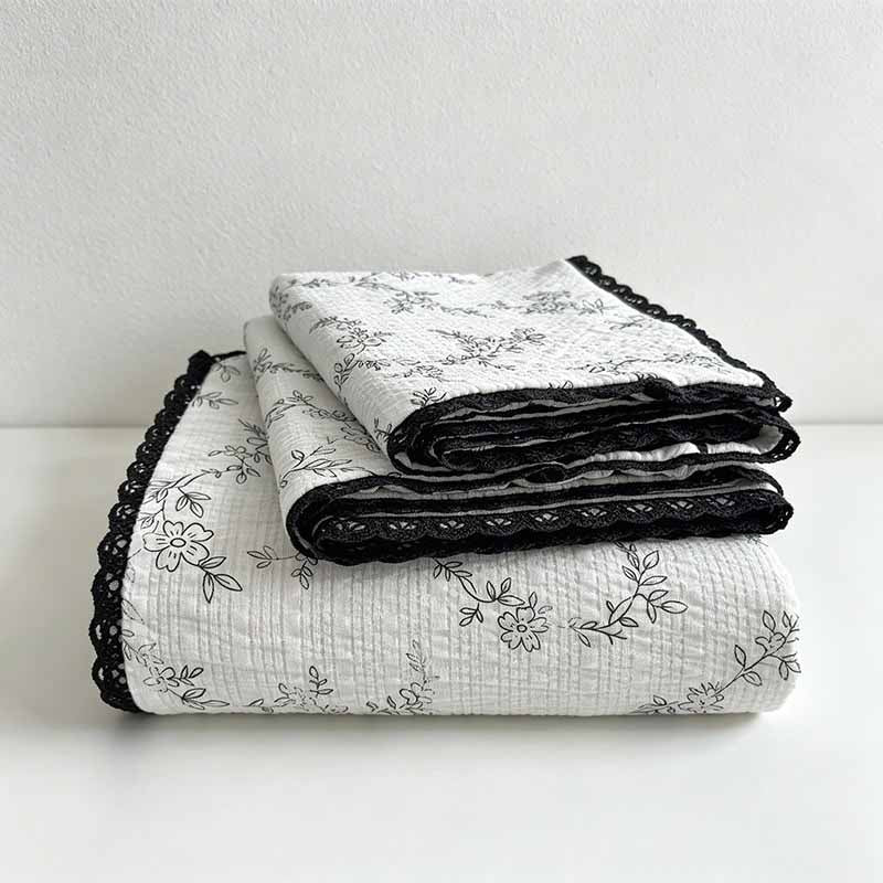 Lace Edge Flat Bed Sheet - Washed Cotton Bubble Gauze Cute Cartoon Printed Bed Cover