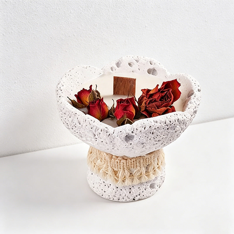 CouldNook Rustic Stone Pedestal Candle - Dried Rose & Macrame Boho Decor
