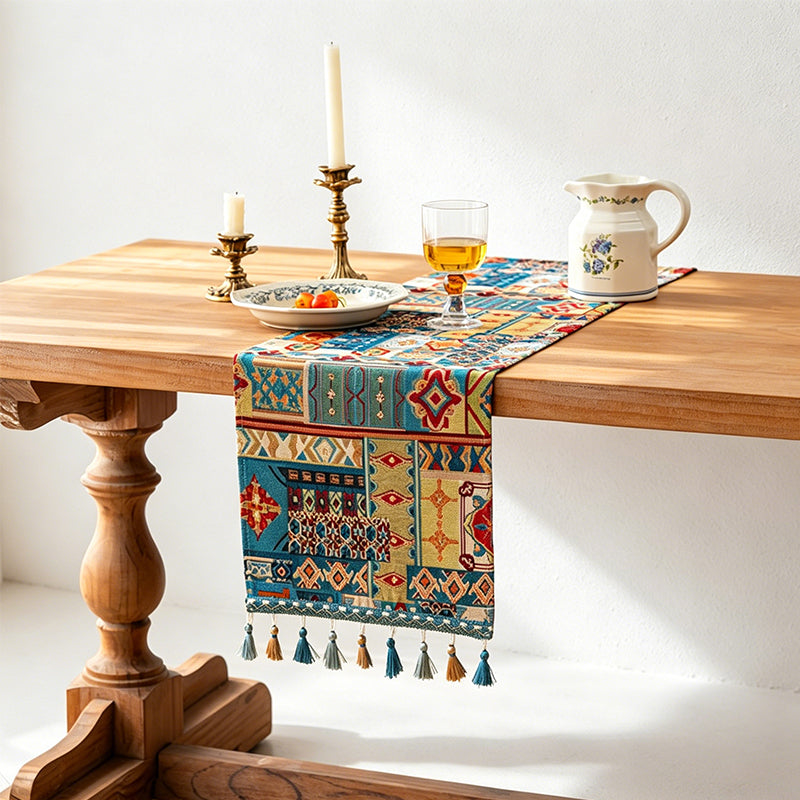 CouldNook Boho Vintage Jacquard Table Runner - Elegant Tassel Decor