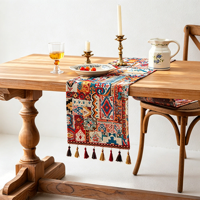CouldNook Boho Vintage Jacquard Table Runner - Elegant Tassel Decor