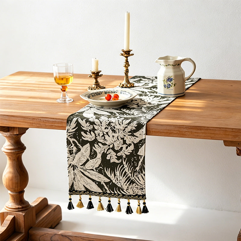 CouldNook Boho Vintage Jacquard Table Runner - Elegant Tassel Decor
