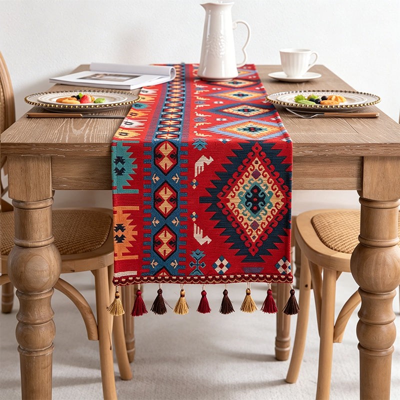 CouldNook Boho Vintage Jacquard Table Runner - Elegant Tassel Decor