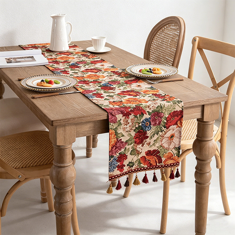 CouldNook Boho Vintage Jacquard Table Runner - Elegant Tassel Decor