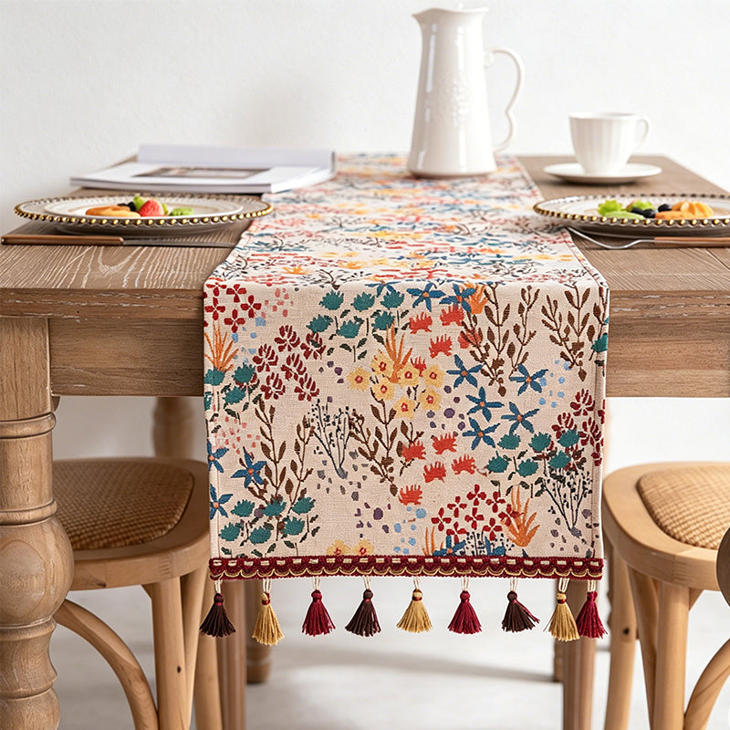 CouldNook Boho Vintage Jacquard Table Runner - Elegant Tassel Decor