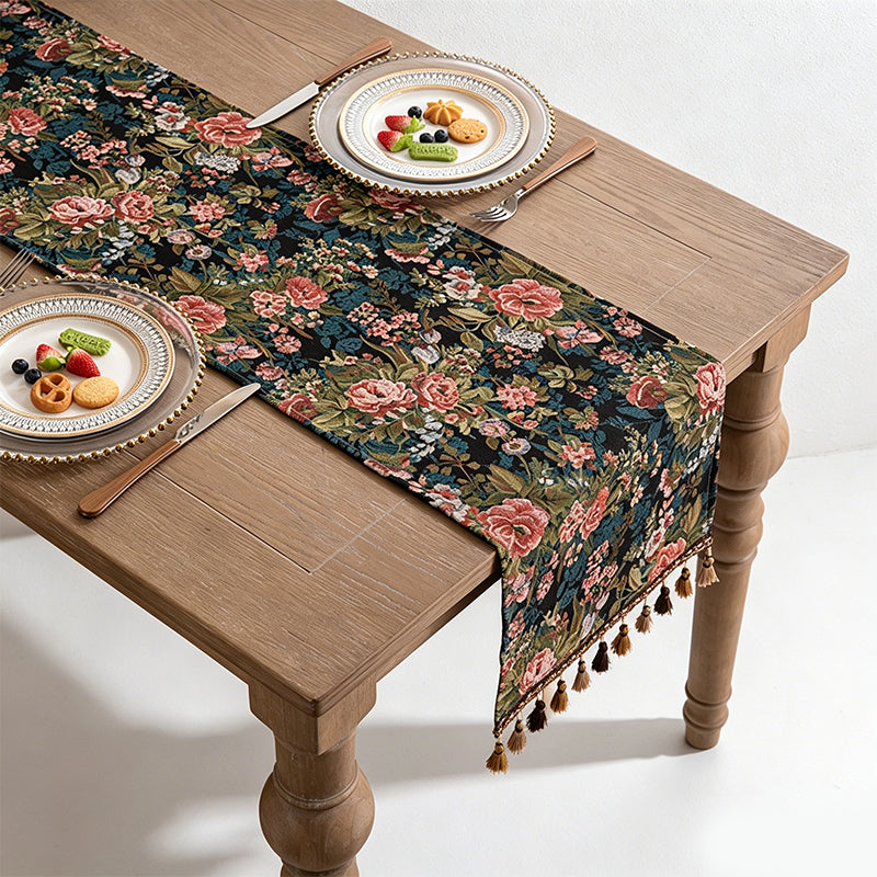 CouldNook Boho Vintage Jacquard Table Runner - Elegant Tassel Decor