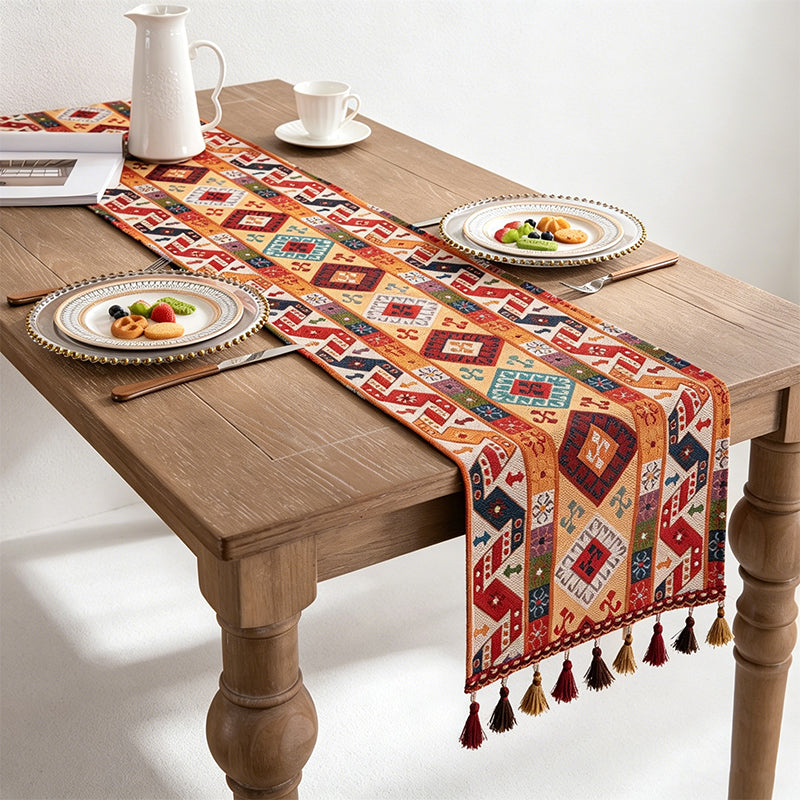 CouldNook Boho Vintage Jacquard Table Runner - Elegant Tassel Decor