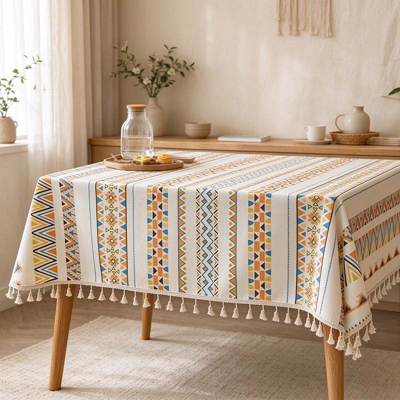 CouldNook Geometric Tassel Tablecloth - Patterned Bands and Cotton-Linen Blend Fabric