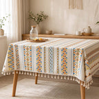 CouldNook Geometric Tassel Tablecloth - Patterned Bands and Cotton-Linen Blend Fabric