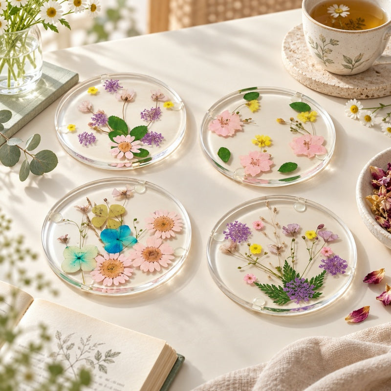 CouldNook Dried Flower Resin Coaster - Round Botanical Table Accent