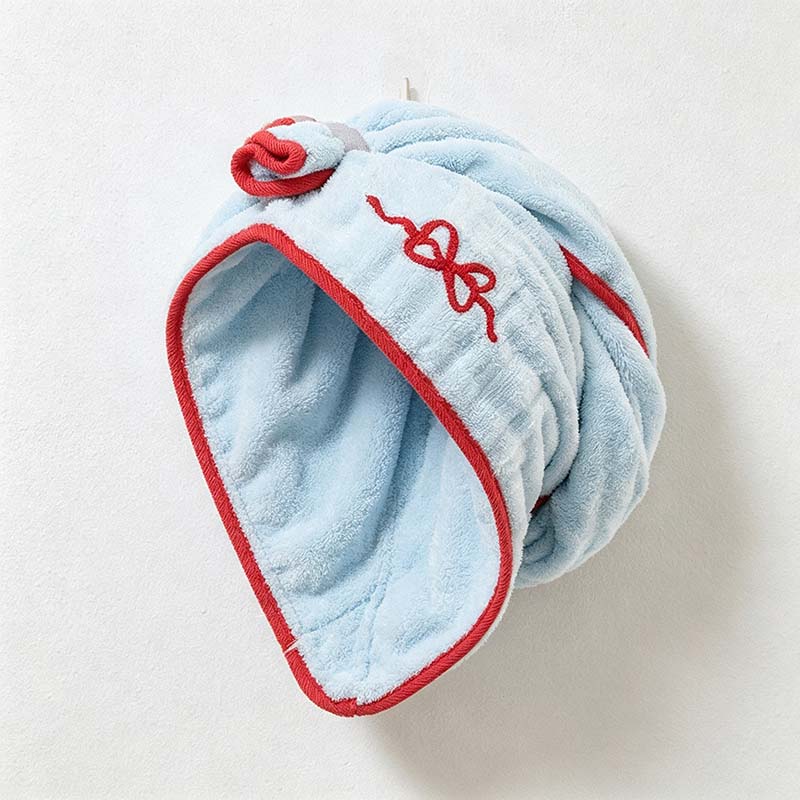 CouldNook Embroidered Hair Towel Wrap - Bow Motif Contrast Trim