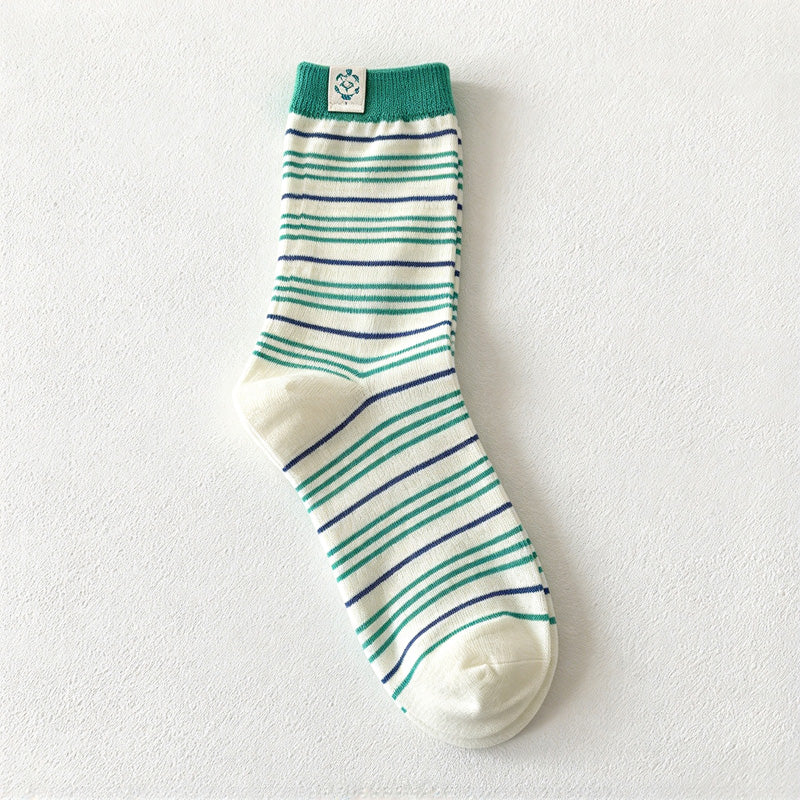 CouldNook Cat Label Striped Socks - Fine Bands And Contrasting Cuffs