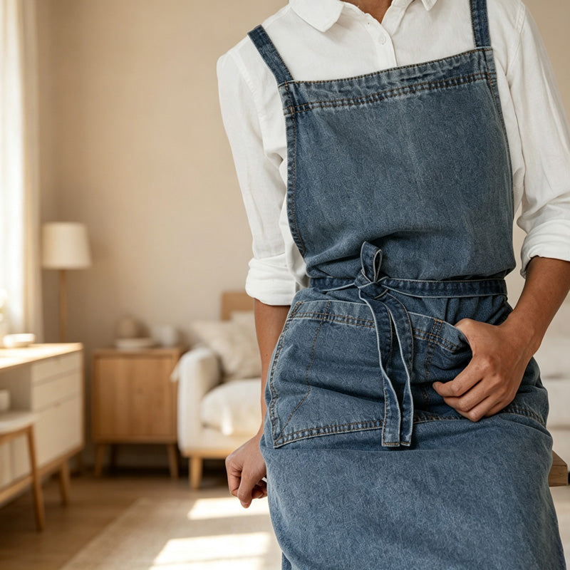 CouldNook Washed Denim Apron - Broad Pocket and Waist Ties