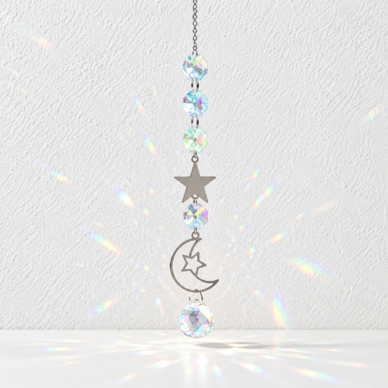 CouldNook Celestial Suncatcher - Silver-Toned Motifs and Linked Faceted Decorations