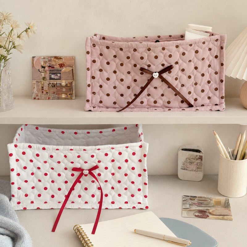 CouldNook Polka Dot Quilted Storage Bin Rectangular Bow‑Decorated Desktop Organizer