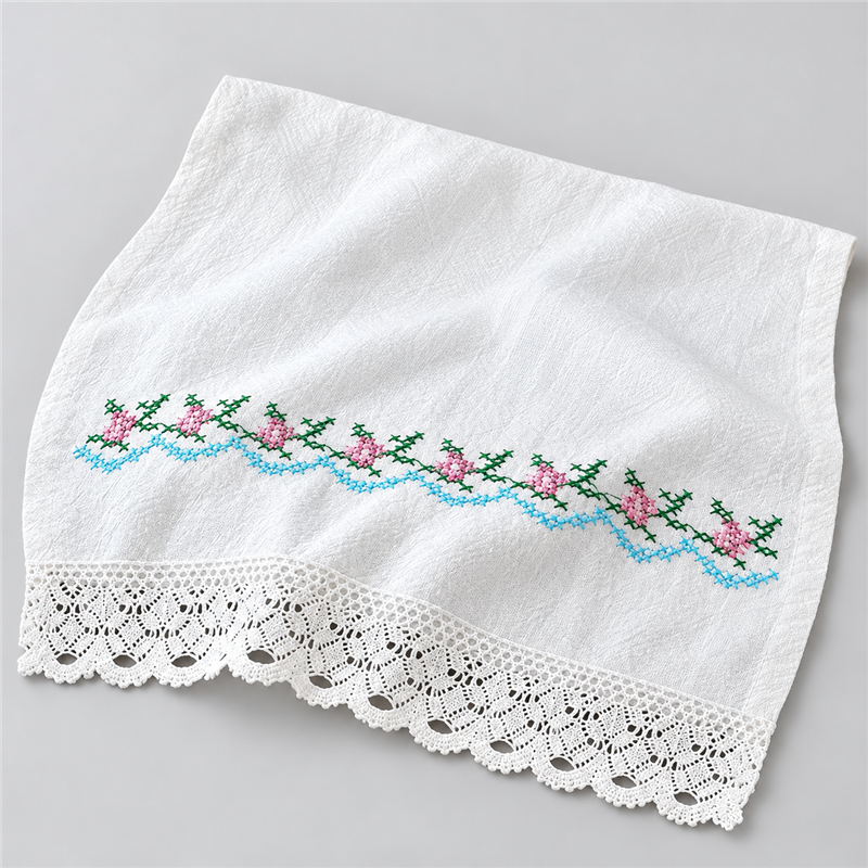 Floral Embroidered Table Cloth with Lace Edge