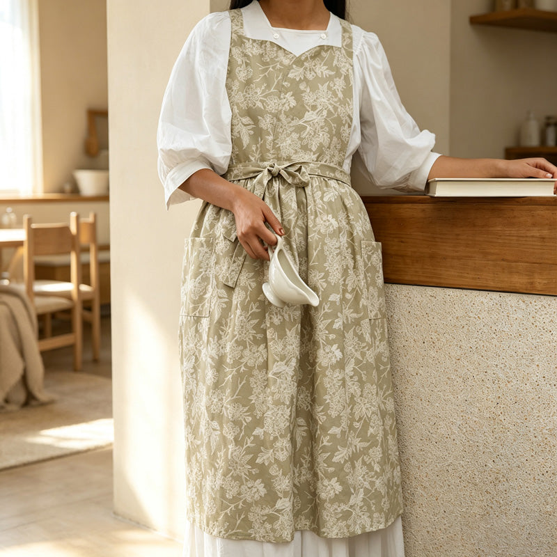 CouldNook Floral Cotton Apron - Tie Waist and Side Pockets
