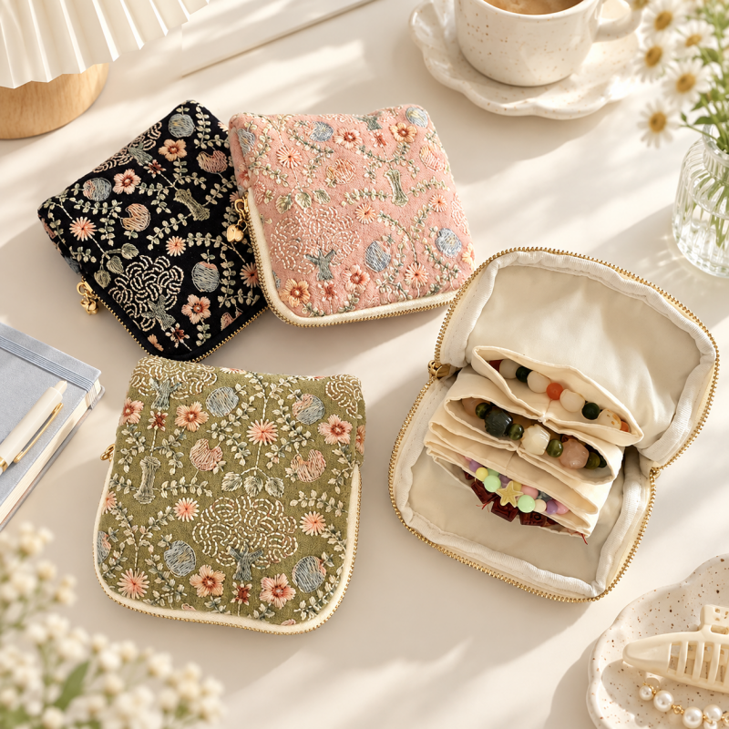 CouldNook Floral Jewelry Pouch - Zippered Border And Layered Interior Storage