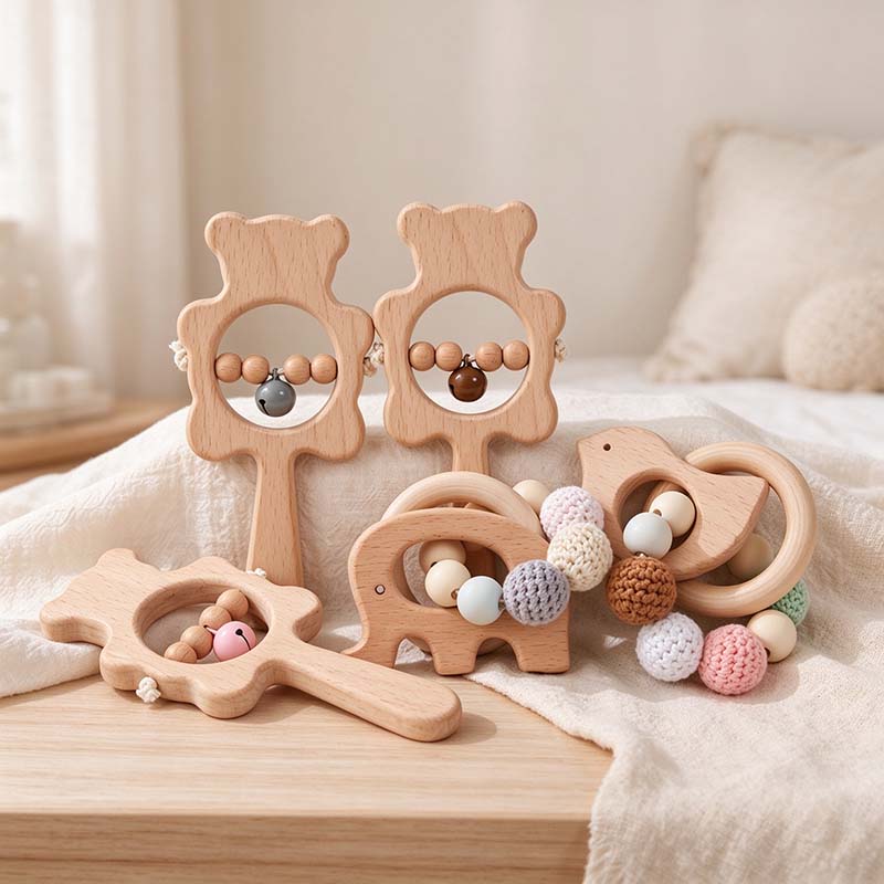 CouldNook Wooden Rattle - Animal Outlines and Crochet Bead Accents