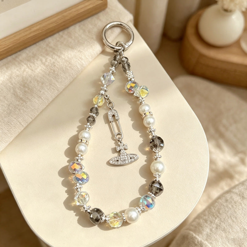 CloudNook Saturn Charm Phone Strap‑Crystal Pearl Wrist Lanyard