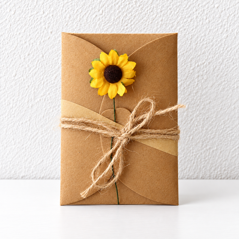Flower Greeting Card - Kraft Folded Cover and Twine Bow