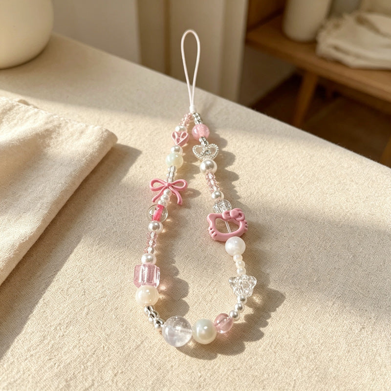 CloudNook Beaded Phone Wrist Strap-Pink Cat Bow Charms