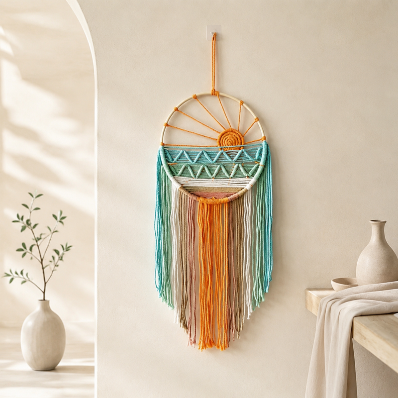 CouldNook Woven Sun Wall Hanging - Mint and Orange Fringe