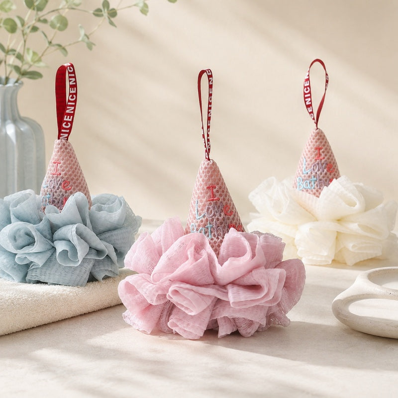 CouldNook Ice Cream Bath Pouf - Mesh Rosette and Hanging Loop