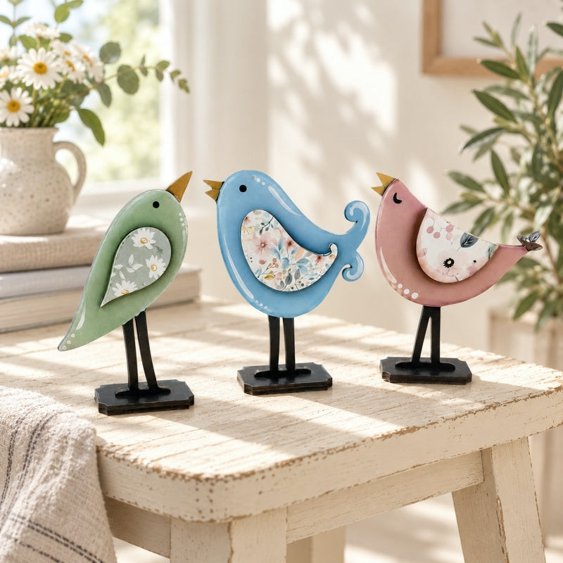 CouldNook Wooden Bird Figurine - Floral Wing Freestanding Tabletop Accent