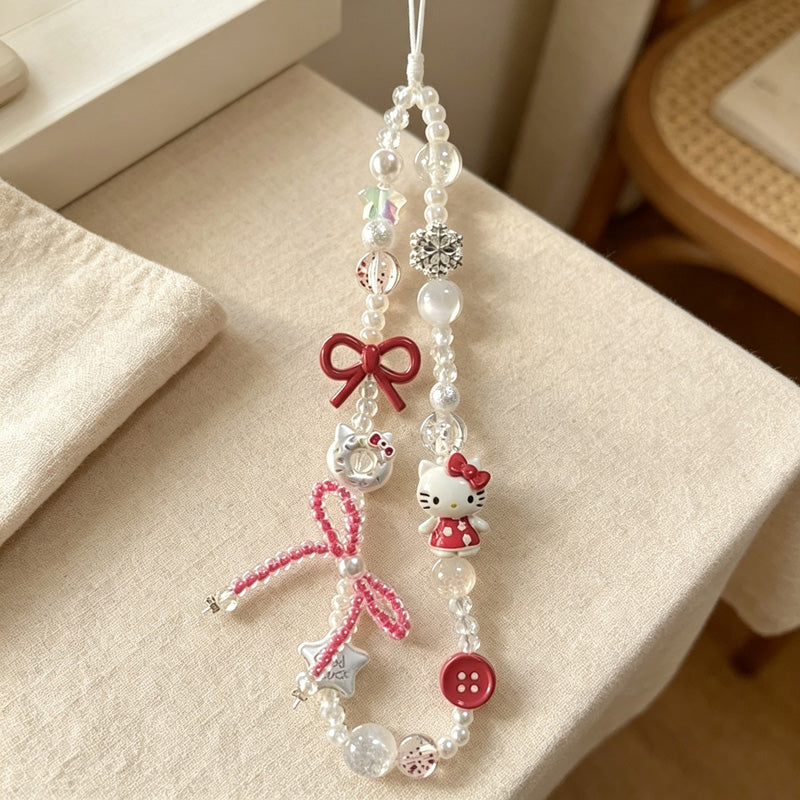CloudNook Beaded Phone Wrist Strap-Cartoon Cat Bow Design