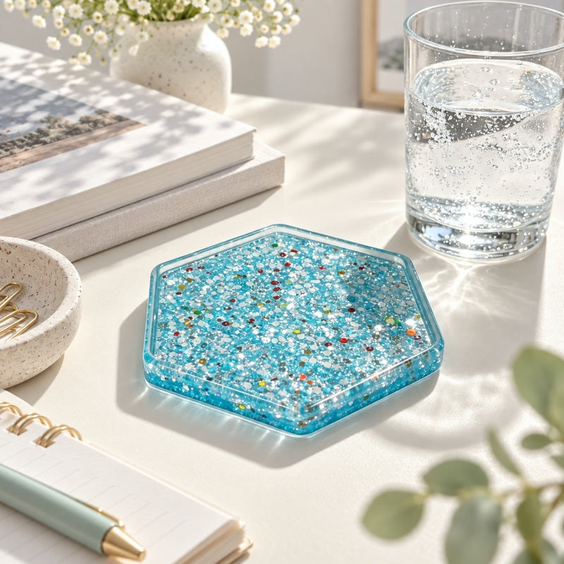 CouldNook Glitter Resin Coaster - Hexagonal Outline and Sparkling Inclusions