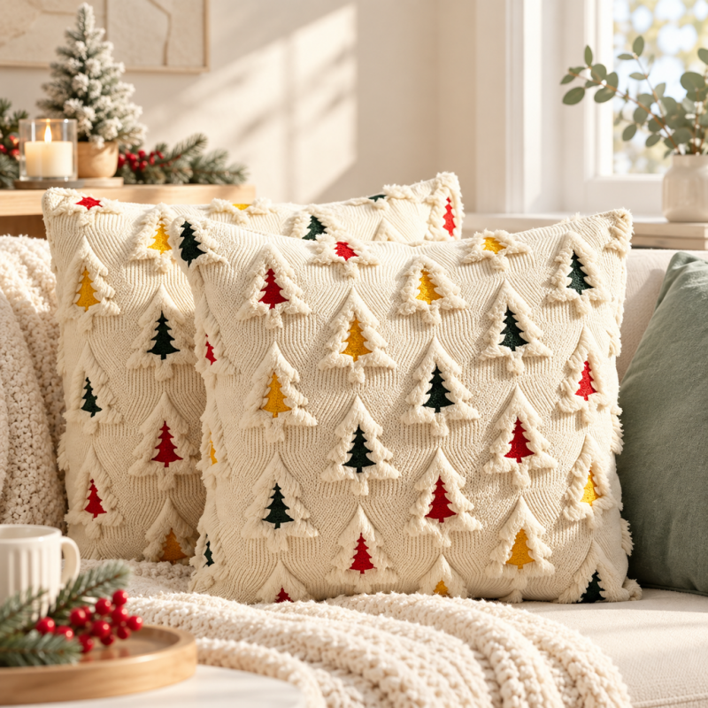 CouldNook Christmas Tree Cushion Cover - Raised Motifs Across A Textured Front