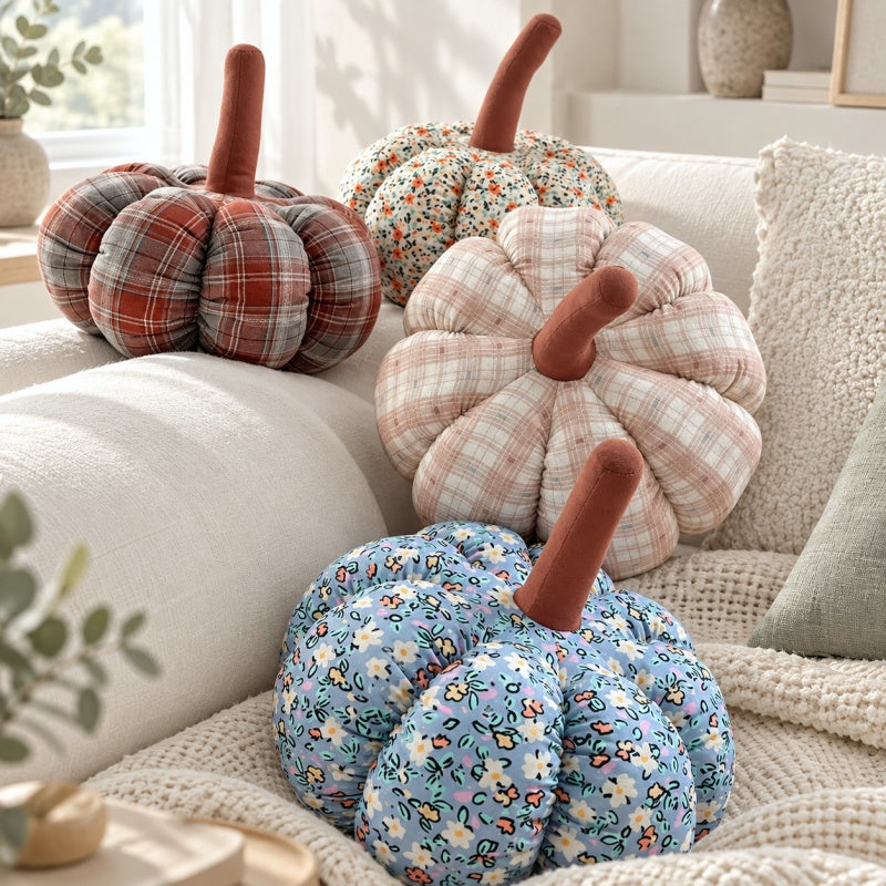 CouldNook Fabric Pumpkin Cushion - Segmented Shape and Tall Stalk